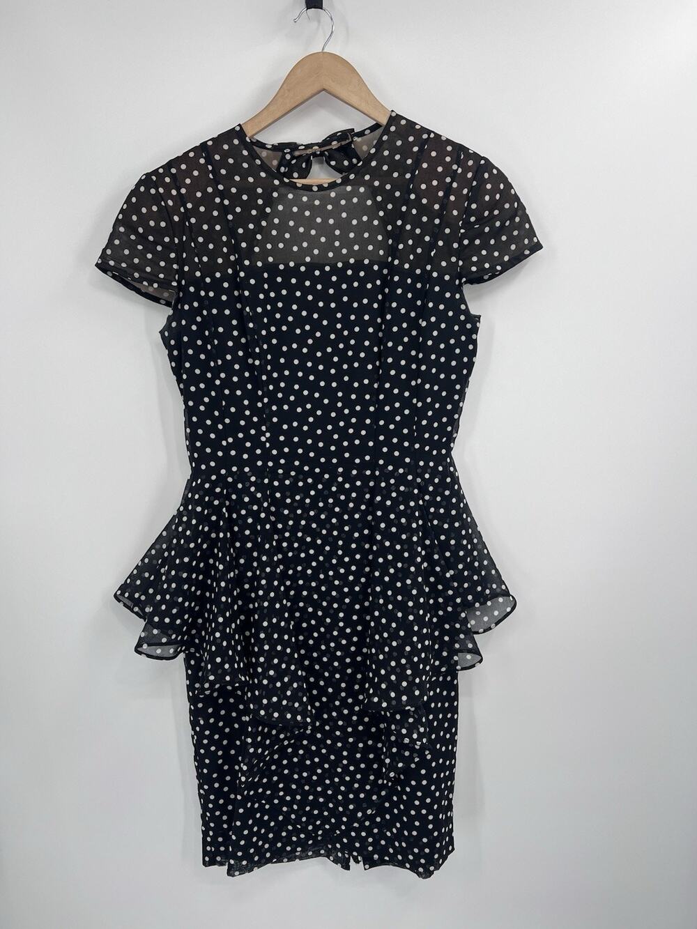 VTG Union Made 1960 Black White Polka Dot Lightweight Peplum Cap Sleeve Dress 10